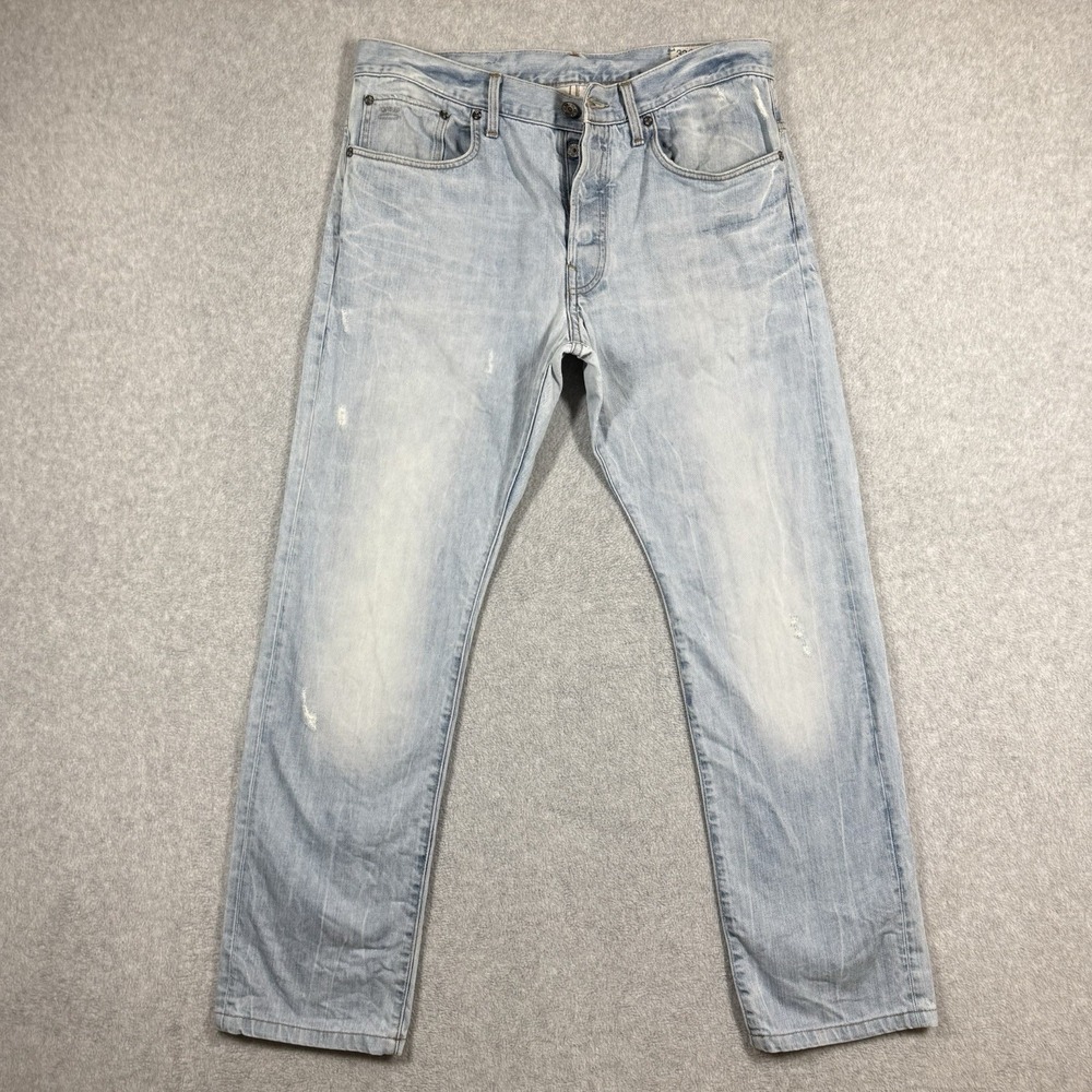 G‎ Star Raw Jeans Men 34x31 Light 3301 Straight Button Fly Whiskered Distressed